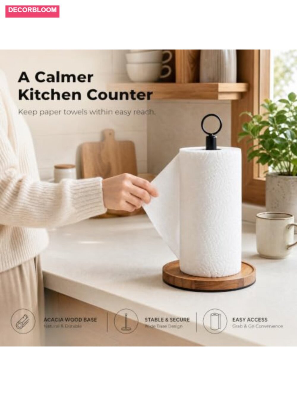 Solid Acacia Wood Paper Towel Holder with Metal Base, Freestanding Farmhouse - Picture 3 of 6